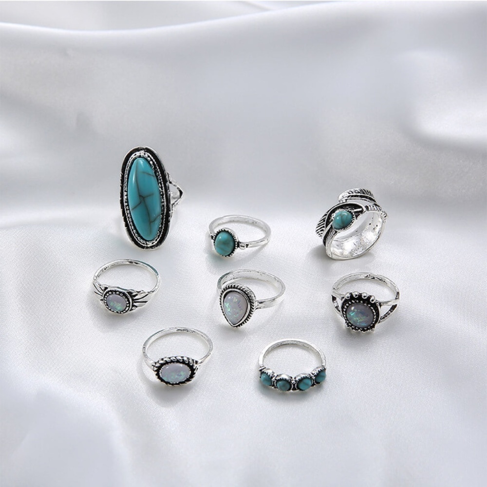 *KAMILAH* 8-Pc Silver x Turquoise Fashion Ring Set